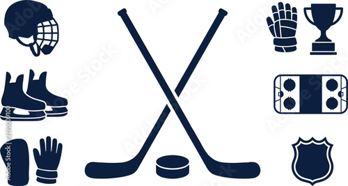 Canvas Print Ice Hockey Icon Set with Crossed Sticks Puck Helmet Ice Skates Trophy and Rink S