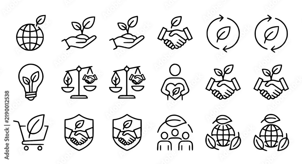 Fototapeta premium Eco friendly icons set, sustainability symbols, green energy, planet earth, recycling, hand shake