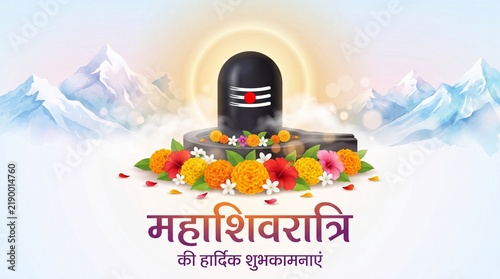 Maha Shivratri blessing design with Shiva lingam, colorful flowers and sacred mountain setting for festival greetings and cultural promotion