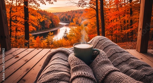 Autumn's Embrace: Steaming Mug Amidst Fiery Foliage