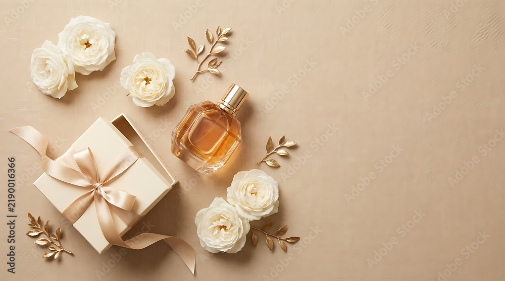 Obraz premium Perfume bottle with gift box and white roses