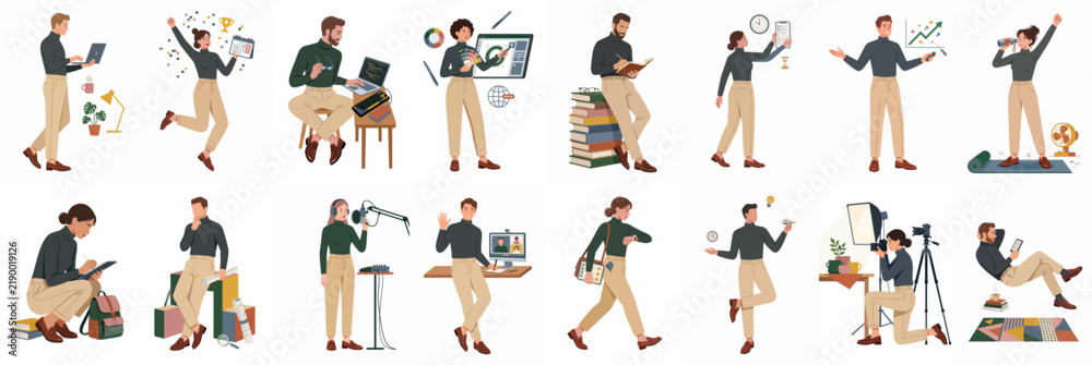 Obraz premium Comprehensive set of modern character illustrations depicting diverse professional and personal activities like working, studying, designing, photographing, and relaxing.