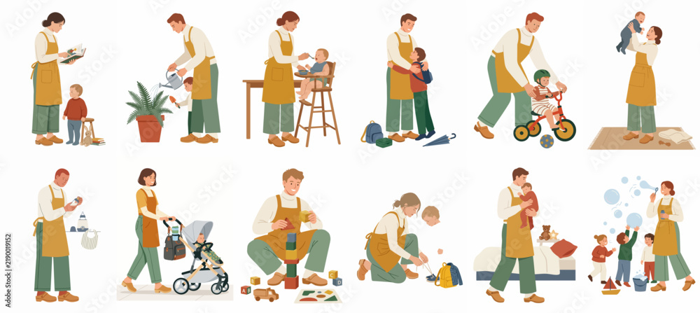 Fototapeta premium Collection of illustrations showing parents or nannies engaged in diverse childcare activities like feeding, playing, and teaching young children at home.