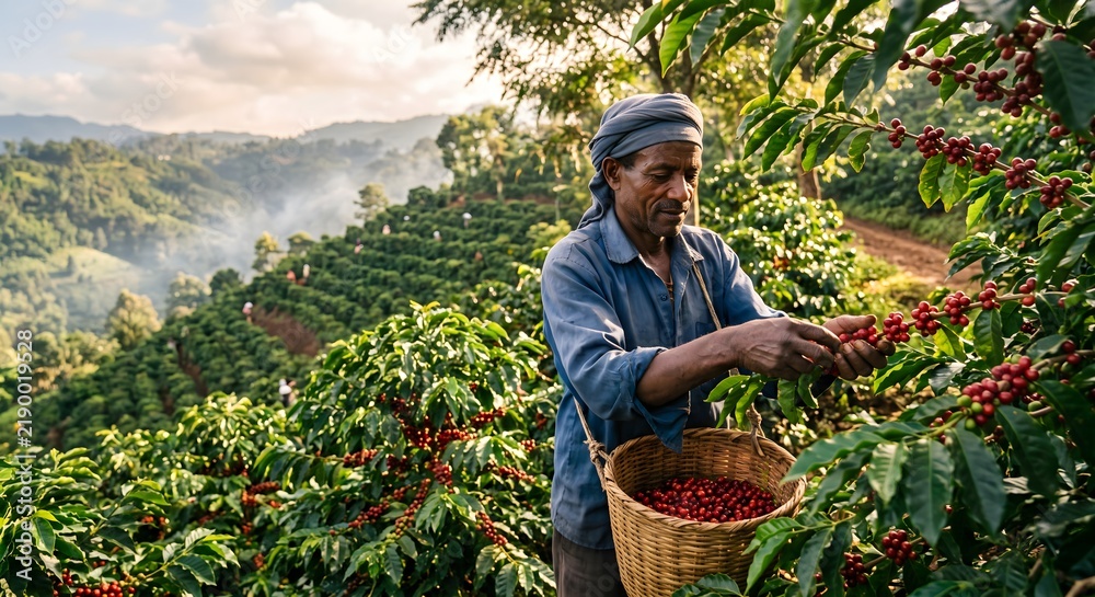 Fototapeta premium Experienced farmer hand-picking ripe red coffee cherries on a lush terraced plantation, symbolizing sustainable agriculture and traditional cultivation practices