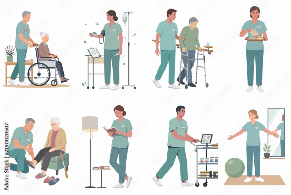 Fototapeta premium Set of flat illustrations depicting caregivers and medical staff providing various types of support and healthcare services to elderly patients in different settings.
