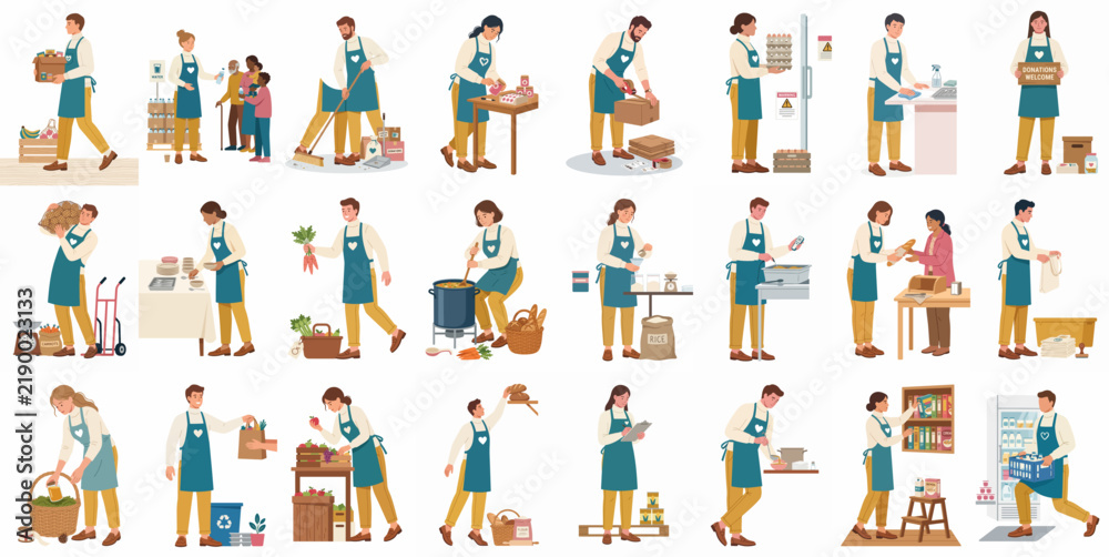 Fototapeta premium Large collection of diverse volunteers in aprons working at a charity food bank, sorting donations, and helping people in need, isolated on white.