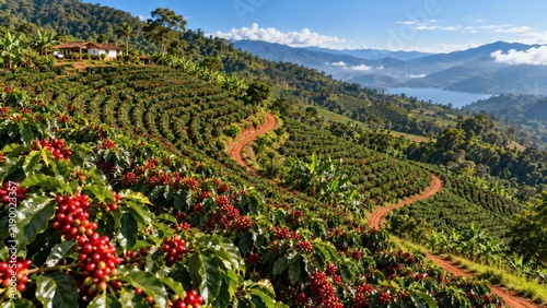 Aerial view of a lush coffee plantation with red ripe berries on a sunny mountain hillside.