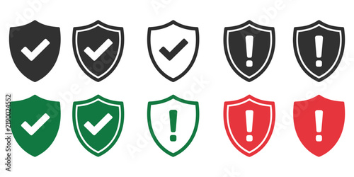 Security shield icons with approval check and warning alert symbols representing digital protection, secure access, verification, and safety