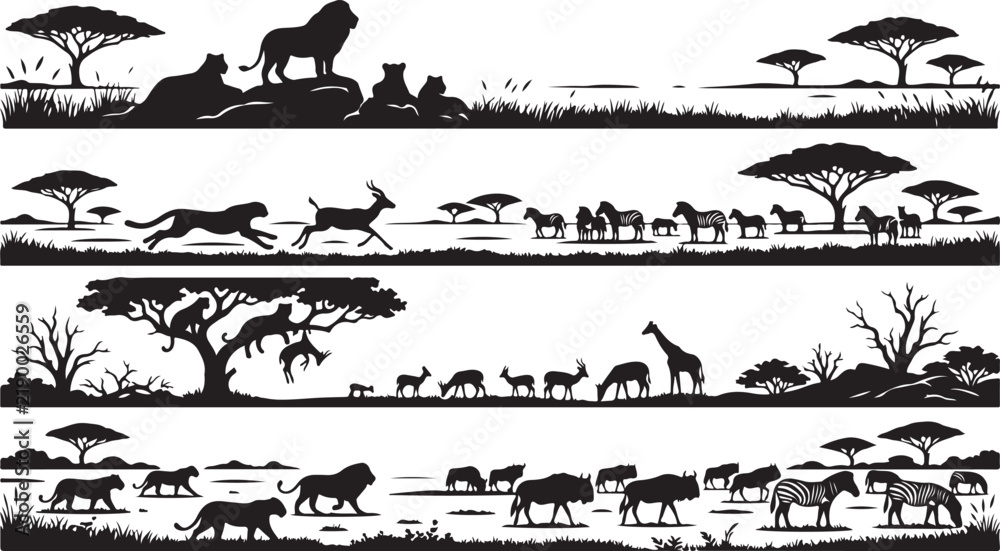 Obraz premium African savanna wildlife silhouettes featuring lions, zebras, giraffes, antelopes, and acacia trees in a natural landscape on white background