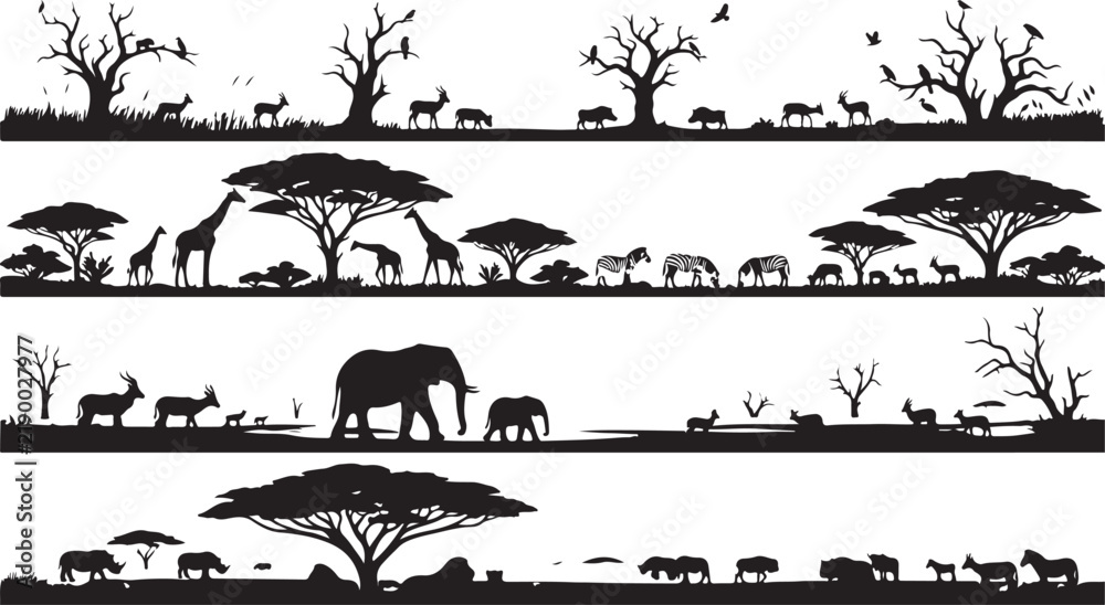 Fototapeta premium Four horizontal safari landscape banners with black silhouettes of elephants, giraffes, zebras, and trees on white background