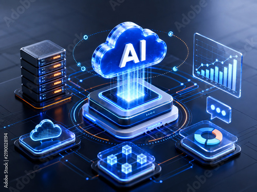A glowing artificial intelligence cloud icon hovering over a digital computer processor with modern server racks nearby.