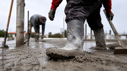 A construction worker in muddy rubber boots stands on wet concrete during a building project outdoors.