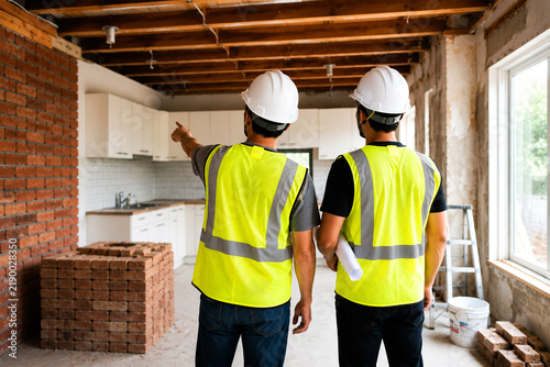 Professional construction workers wearing safety vests inspecting renovation progress in an unfinished modern kitchen residential interior.