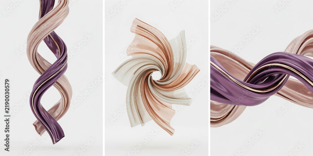 Fototapeta premium Three abstract compositions of twisted ribbons in purple and metallic gold colors