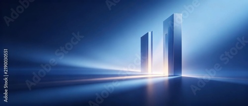Abstract 3d modern technology background with two open blue rectangular doors where warm bright glowing light shines out on deep blue empty space future new opportunity and success concept
