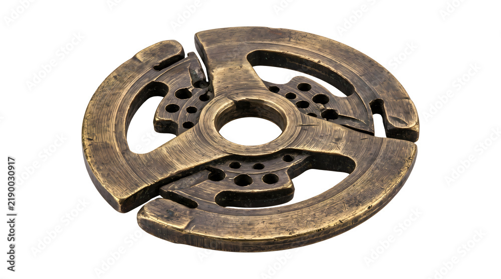Obraz premium Antique bronze triple spoke flywheel with circular perforations and textured weathered surface for mechanical assemblies.