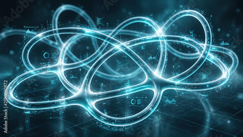 Autonomous business system with continuous AI loop, glowing digital network, futuristic automation concept
