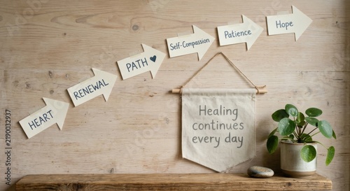 Healing Path Arrows and Banner Message on Wooden Surface