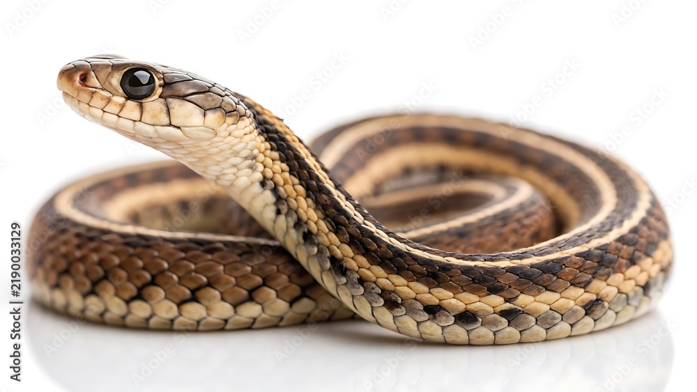 Obraz premium Garter snake coiled on a clean white background with studio lighting