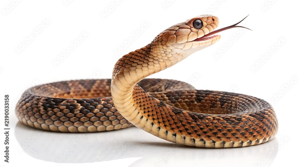 Obraz premium Brown snake with patterned scales flicking its tongue isolated on white background