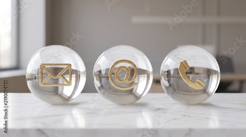 Three glass spheres containing gold icons for email, at symbol, and telephone receiver on white marble surface, representing modern communication channels and contact methods