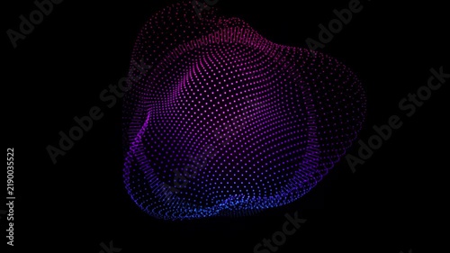 Abstract liquid sphere shape made of glowing particles rotating slowly on black background footage.