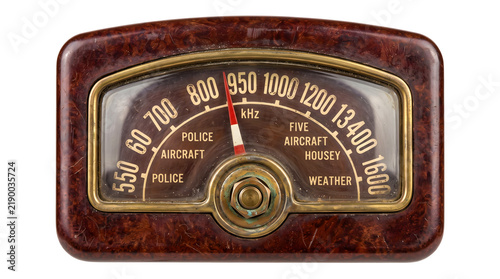Bakelite radio frequency dial displaying am khz police and weather bands with red needle for nostalgic design projects.