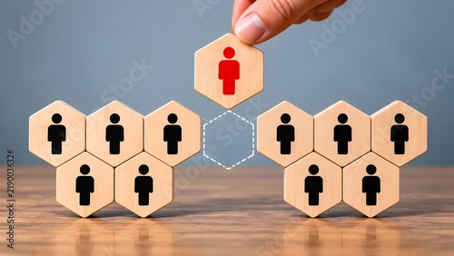 Hand placing a red leader icon into an organizational chart made of wooden hexagons, showing structural management and leadership placement.
