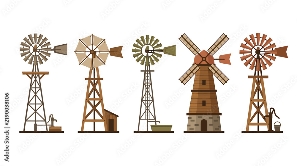 Obraz premium Vintage farm windmill set, 5 rustic wind turbine icons, traditional wooden and metal water pump towers for rural agriculture