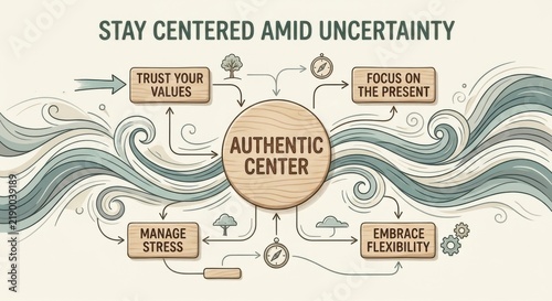Authentic Center Diagram: Trust Values, Focus Present, Manage Stress, Embrace Flexibility
