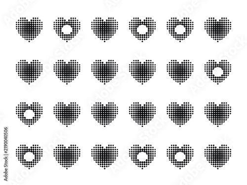 A halftone heart shape bundle set featuring collection of black dot patterns for romantic graphic design elements.