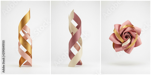 Three abstract sculptures featuring gold and pink metallic ribbons on a white background