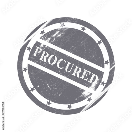 A circular rubber stamp with the word procured in a vintage distressed style for office business documents