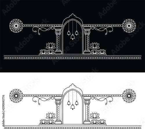 Indian Wedding Invitation Border with Sacred Temple Pillars and Arch