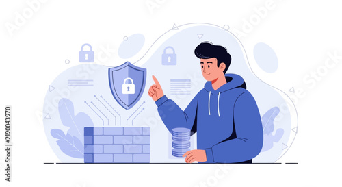 Cybersecurity Concept: Man Interacting with Firewall, Shield, and Padlocks - Digital Data Protection