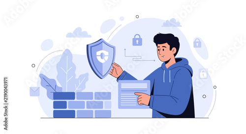 Cybersecurity concept: Man with shield and firewall protecting data against digital threats and locks