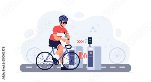 Cyclist using smartwatch to pay at automated bike gate, smart city concept