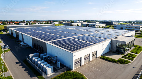 Commercial rooftop solar energy system in industrial zone aerial view stock photo, large scale logistics warehouse with rooftop photovoltaic panel installation, and net zero commercial facility.