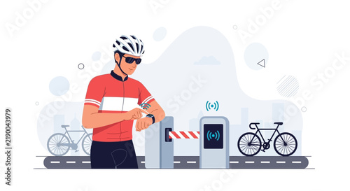 Cyclist using smartwatch to access automated gate, smart city concept