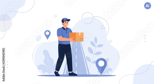 Delivery man holding package, logistic concept with map pins and road, flat vector illustration