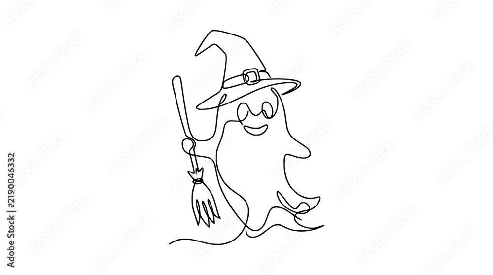 Fototapeta premium Cute ghost wearing witch hat holding broom, single line art, isolated on transparent background