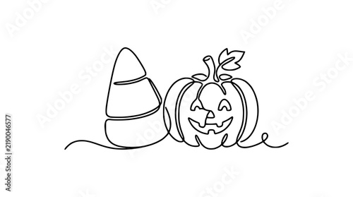 Halloween Pumpkin Jack O Lantern and Candy Corn One Line Drawing Isolated