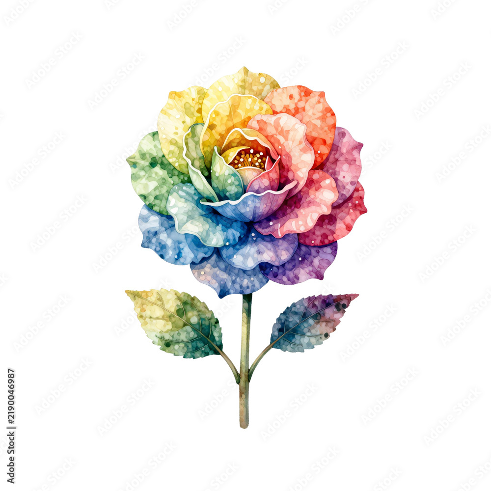 Obraz premium A watercolor painting of a rose with petals in rainbow colors on a white background