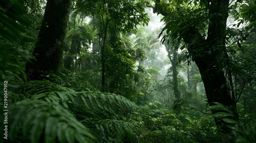 Fototapeta premium A lush tropical rainforest with towering trees dense green foliage and misty atmosphere creating a serene and immersive woodland scene
