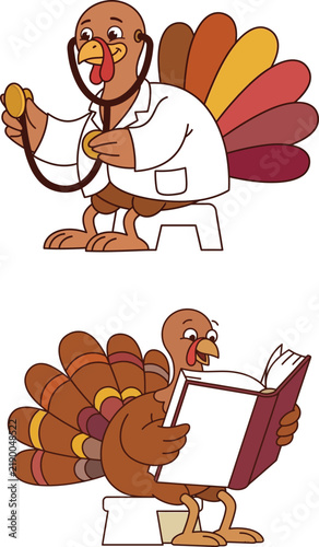 Funny cartoon illustrations of a turkey dressed as a doctor with a stethoscope and reading a medical book