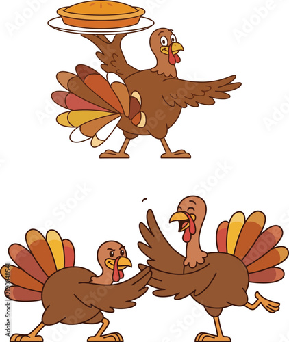 Funny cartoon turkeys celebrating thanksgiving with a delicious pie on a white background