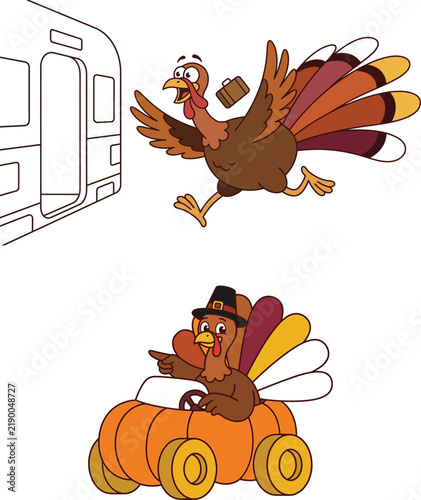 Funny cartoon illustration of a turkey running toward a train and another turkey driving a pumpkin car