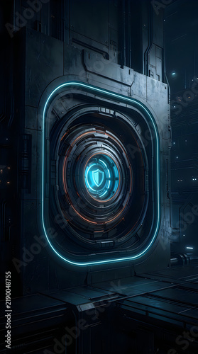 Futuristic digital security shield icon with glowing blue light circles in a dark abstract background