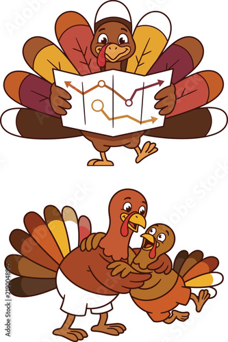 Funny cartoon illustration of turkeys analyzing a financial chart and a turkey comforting another turkey