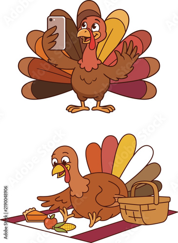 Funny cartoon turkey characters taking a selfie and resting with a basket of autumn harvest food